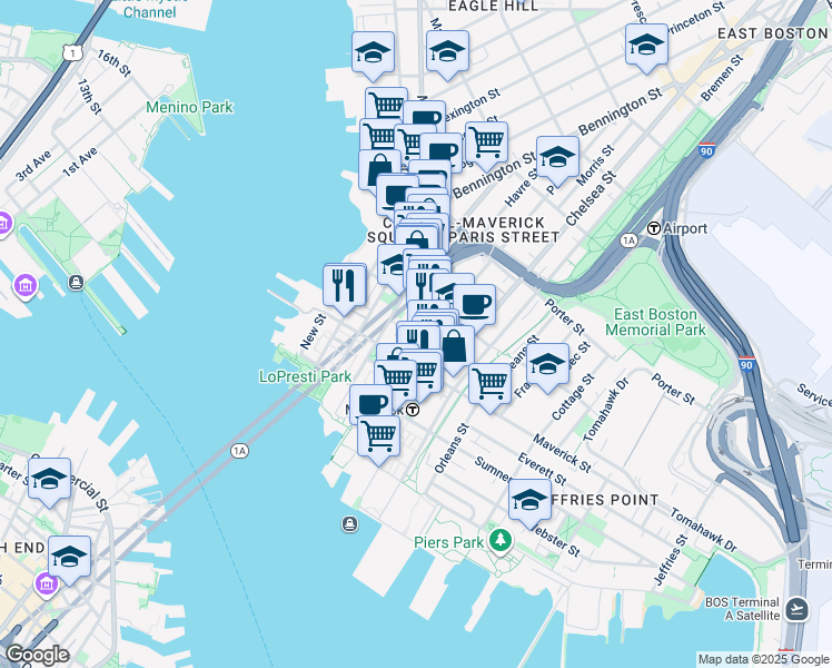 map of restaurants, bars, coffee shops, grocery stores, and more near 89 London Street in Boston