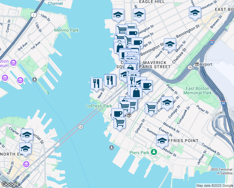 map of restaurants, bars, coffee shops, grocery stores, and more near 72 Liverpool Street in Boston