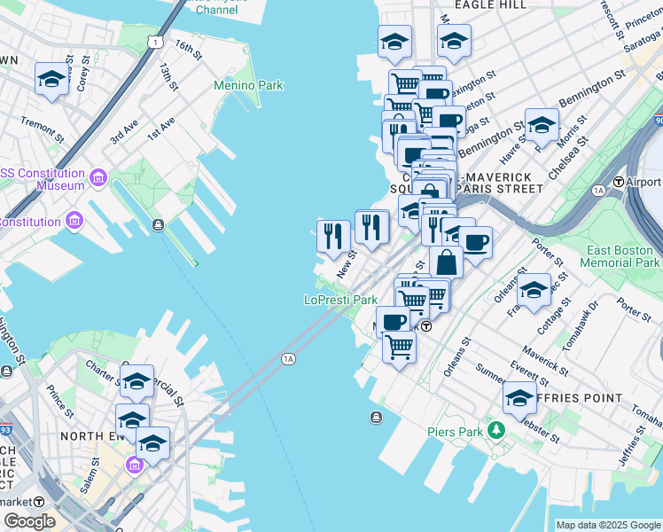 map of restaurants, bars, coffee shops, grocery stores, and more near 10 New Street in Boston