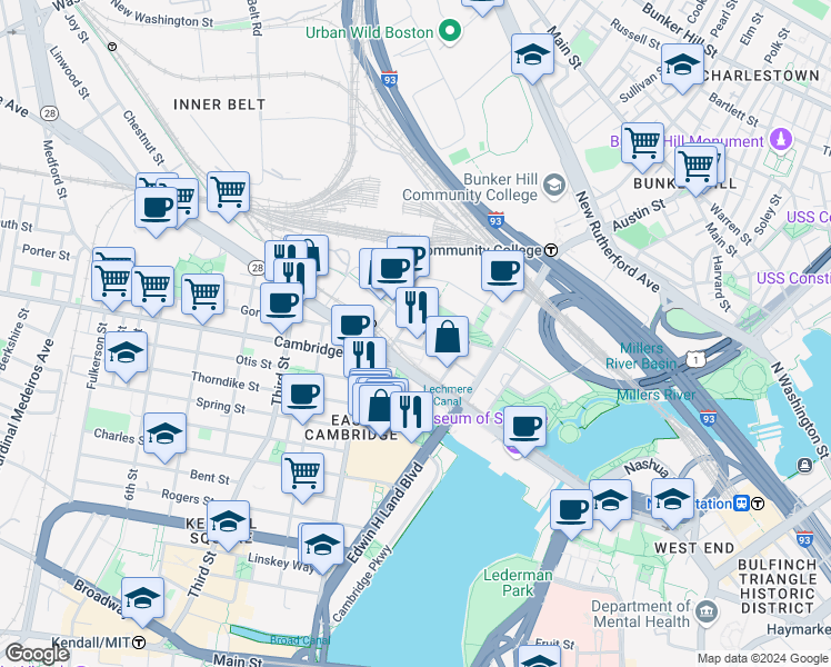 map of restaurants, bars, coffee shops, grocery stores, and more near 219 Jacobs Street in Cambridge