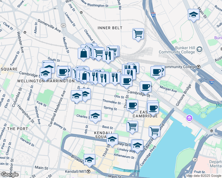 map of restaurants, bars, coffee shops, grocery stores, and more near 91 Gore Street in Cambridge