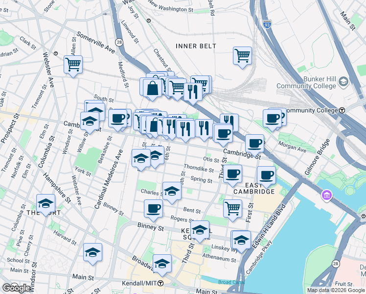 map of restaurants, bars, coffee shops, grocery stores, and more near in Cambridge