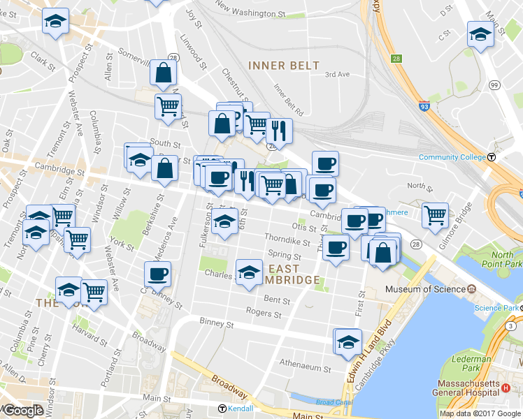 map of restaurants, bars, coffee shops, grocery stores, and more near in Cambridge