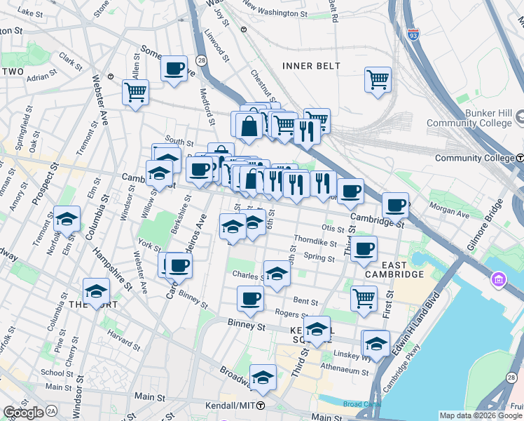 map of restaurants, bars, coffee shops, grocery stores, and more near 9 6th Street in Cambridge