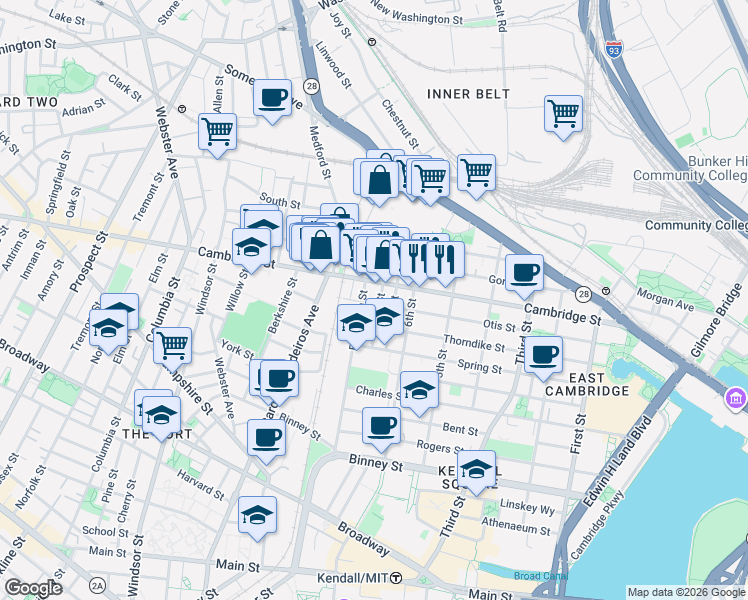 map of restaurants, bars, coffee shops, grocery stores, and more near 621 Cambridge Street in Cambridge