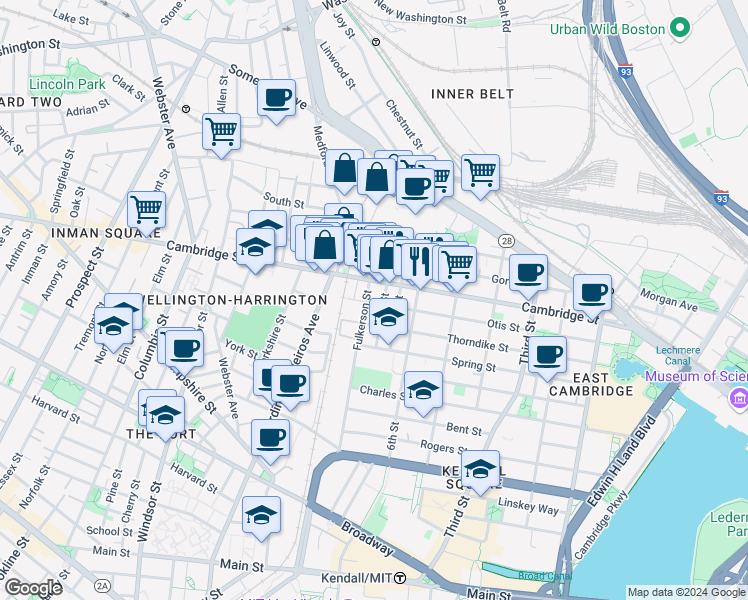 map of restaurants, bars, coffee shops, grocery stores, and more near 621 Cambridge Street in Cambridge