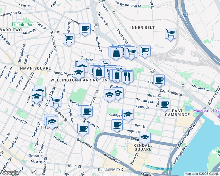 map of restaurants, bars, coffee shops, grocery stores, and more near 621 Cambridge Street in Cambridge