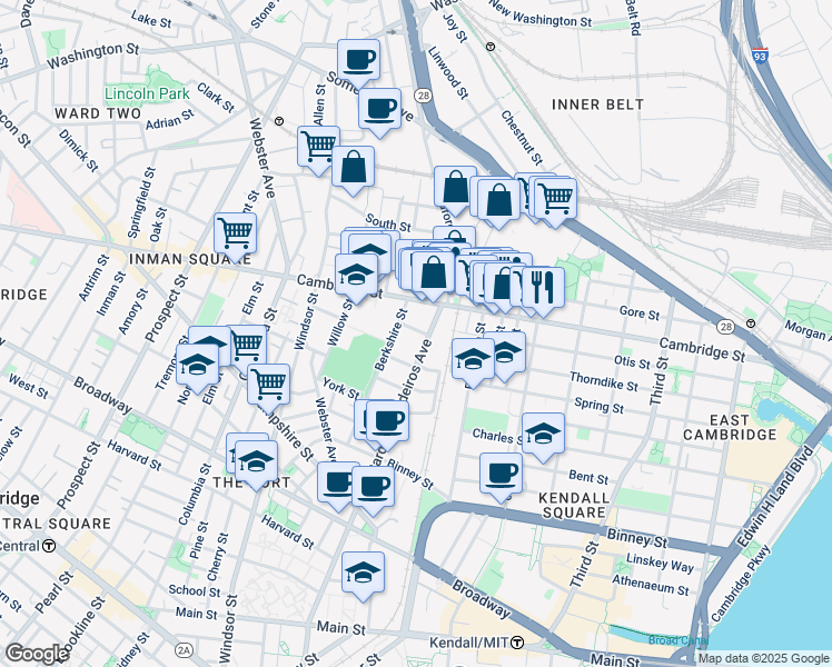 map of restaurants, bars, coffee shops, grocery stores, and more near 746 Cambridge Street in Cambridge