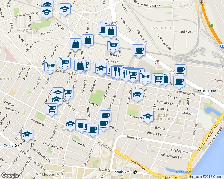 map of restaurants, bars, coffee shops, grocery stores, and more near 746 Cambridge Street in Cambridge