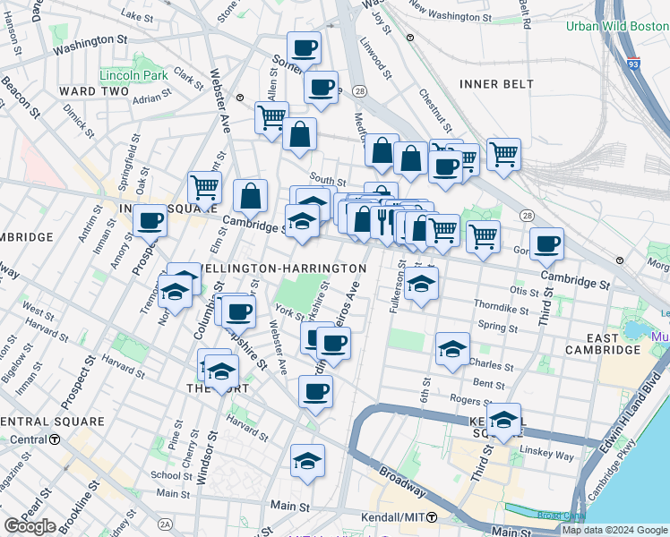 map of restaurants, bars, coffee shops, grocery stores, and more near 746 Cambridge Street in Cambridge