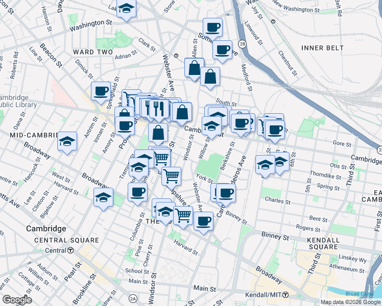 map of restaurants, bars, coffee shops, grocery stores, and more near 453R Windsor Street in Cambridge