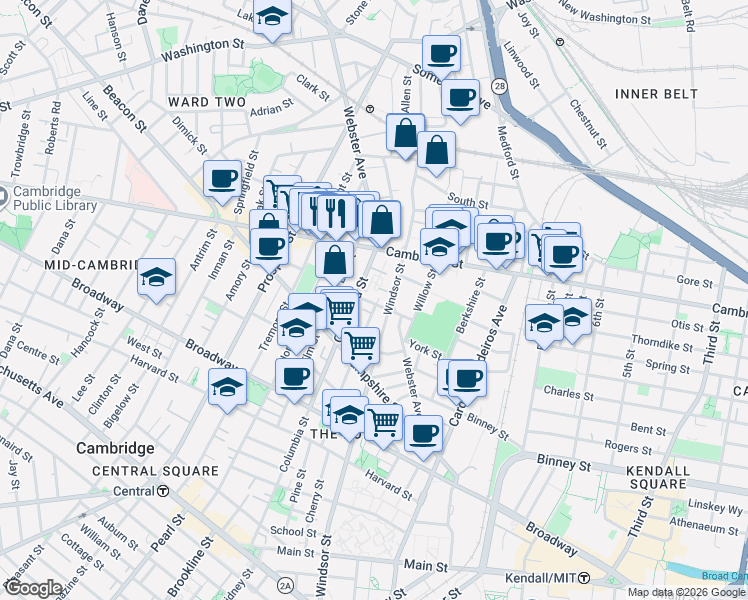 map of restaurants, bars, coffee shops, grocery stores, and more near 453 R Windsor Street in Cambridge