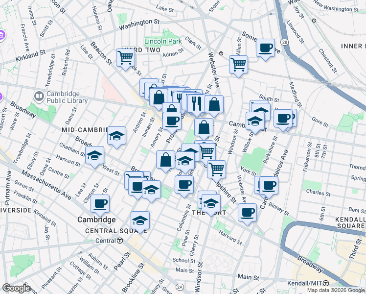 map of restaurants, bars, coffee shops, grocery stores, and more near 171 Hampshire Street in Cambridge