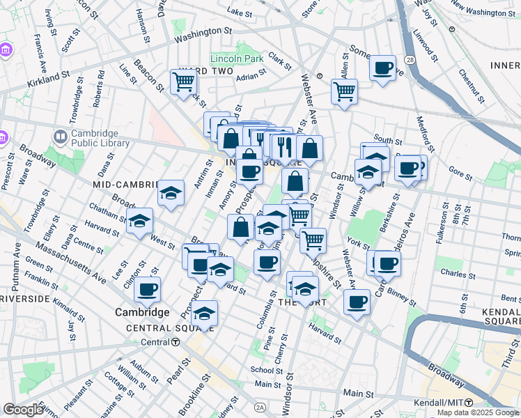 map of restaurants, bars, coffee shops, grocery stores, and more near 171 Hampshire Street in Cambridge