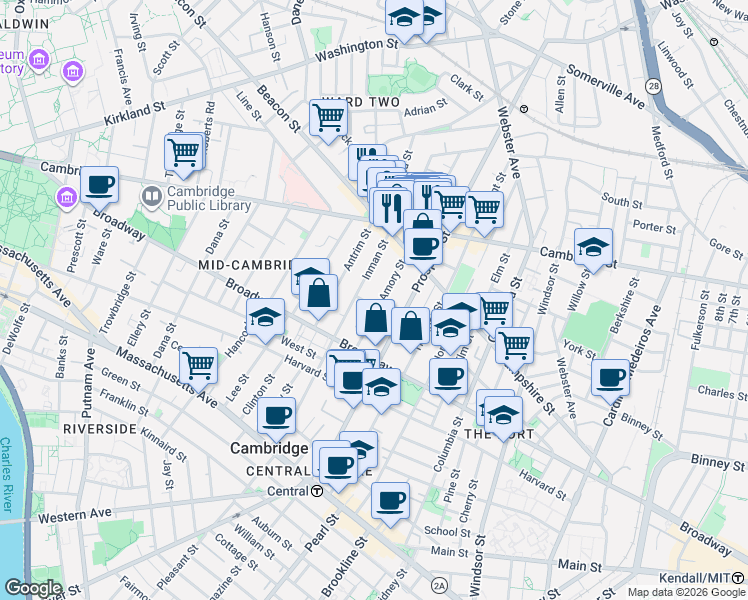 map of restaurants, bars, coffee shops, grocery stores, and more near 104 Inman Street in Cambridge