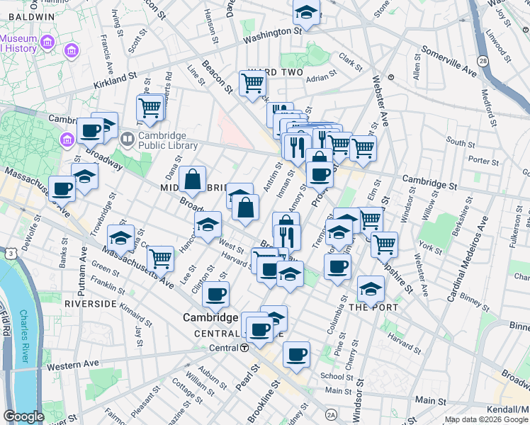 map of restaurants, bars, coffee shops, grocery stores, and more near 65 Antrim Street in Cambridge