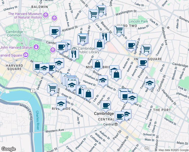 map of restaurants, bars, coffee shops, grocery stores, and more near 399 Broadway in Cambridge
