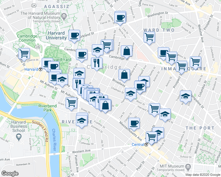 map of restaurants, bars, coffee shops, grocery stores, and more near 43 Dana Street in Cambridge