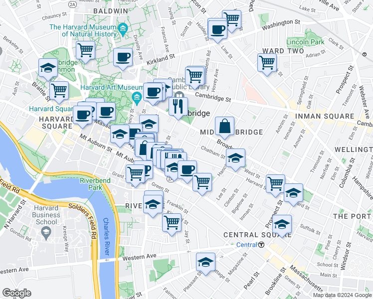 map of restaurants, bars, coffee shops, grocery stores, and more near in Cambridge