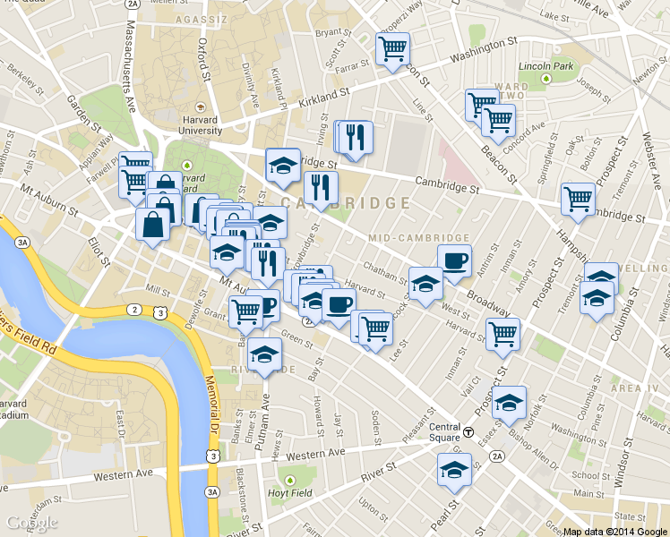 map of restaurants, bars, coffee shops, grocery stores, and more near 51 Ellery Street in Cambridge