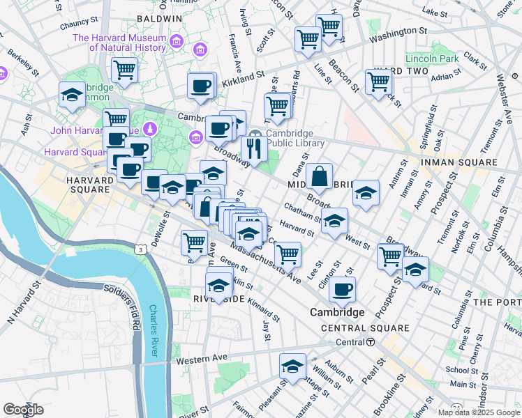 map of restaurants, bars, coffee shops, grocery stores, and more near in Cambridge