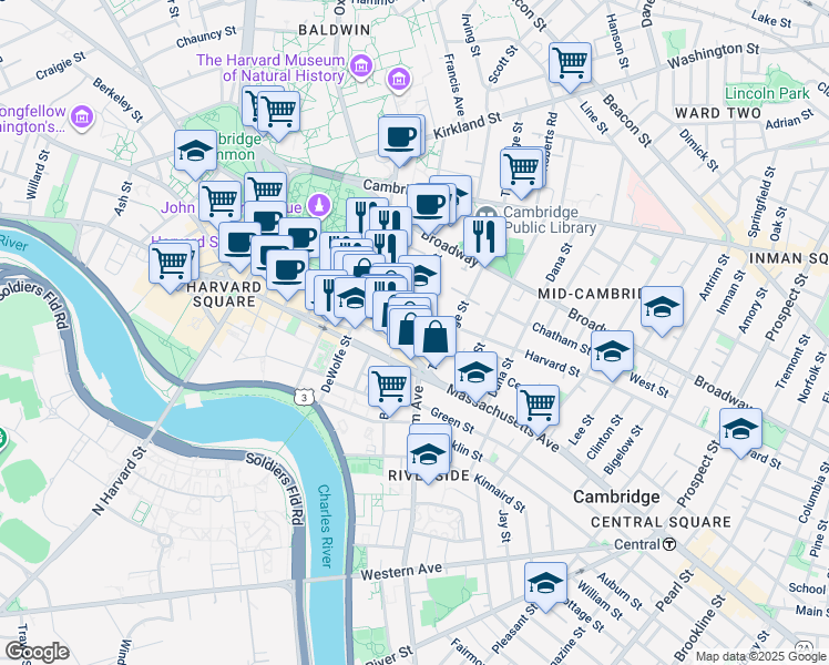 map of restaurants, bars, coffee shops, grocery stores, and more near 400 Harvard Street in Cambridge