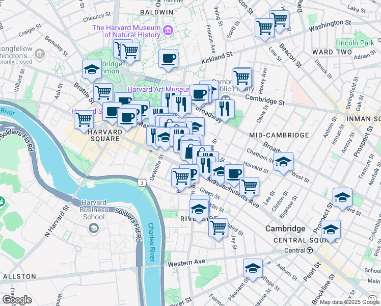 map of restaurants, bars, coffee shops, grocery stores, and more near 400 Harvard Street in Cambridge