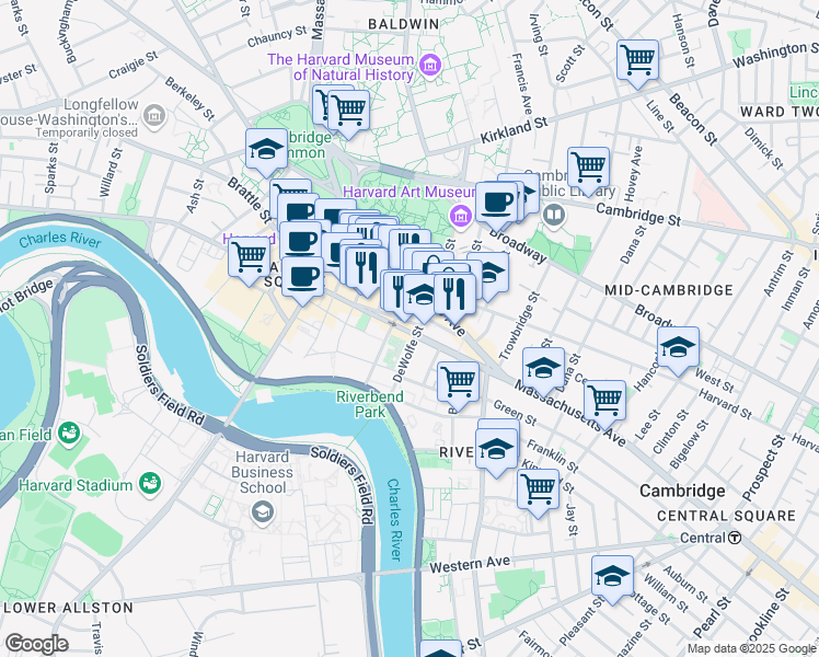 map of restaurants, bars, coffee shops, grocery stores, and more near 22 Plympton Street in Cambridge