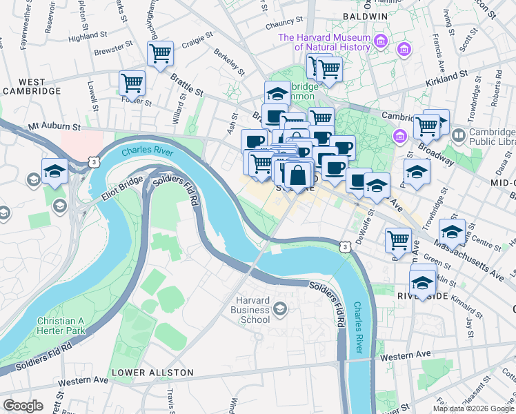 map of restaurants, bars, coffee shops, grocery stores, and more near in Cambridge