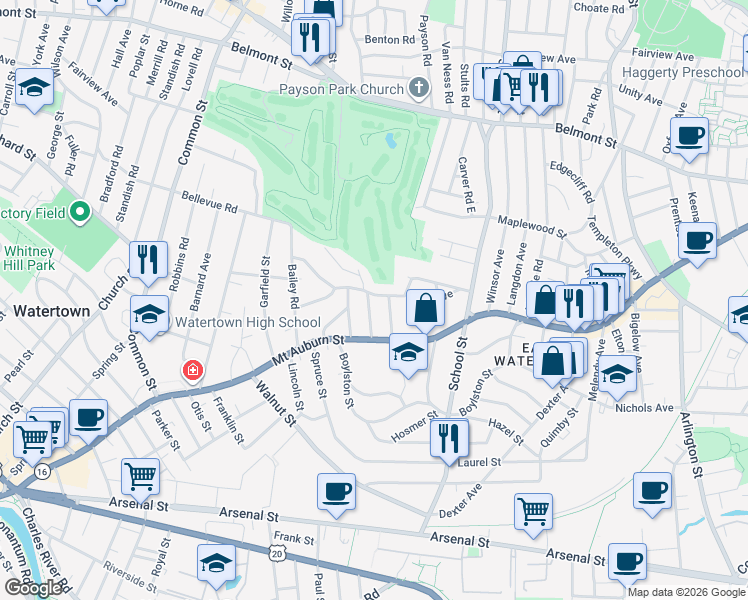 map of restaurants, bars, coffee shops, grocery stores, and more near 53 Oakley Road in Watertown
