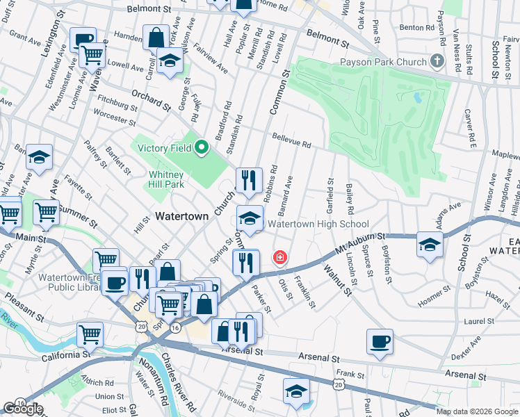 map of restaurants, bars, coffee shops, grocery stores, and more near 4 Orchard Street in Watertown