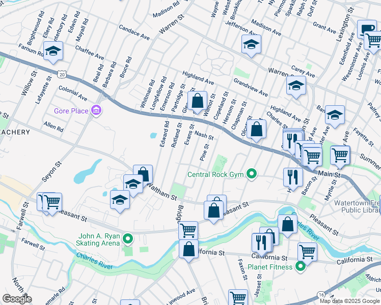 map of restaurants, bars, coffee shops, grocery stores, and more near 13 Bromfield Street in Watertown