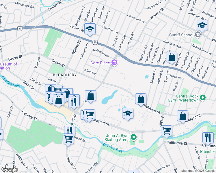 map of restaurants, bars, coffee shops, grocery stores, and more near 22 Grove Street in Waltham