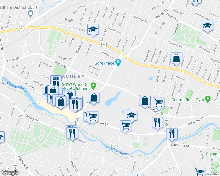 map of restaurants, bars, coffee shops, grocery stores, and more near 22 Grove Street in Waltham
