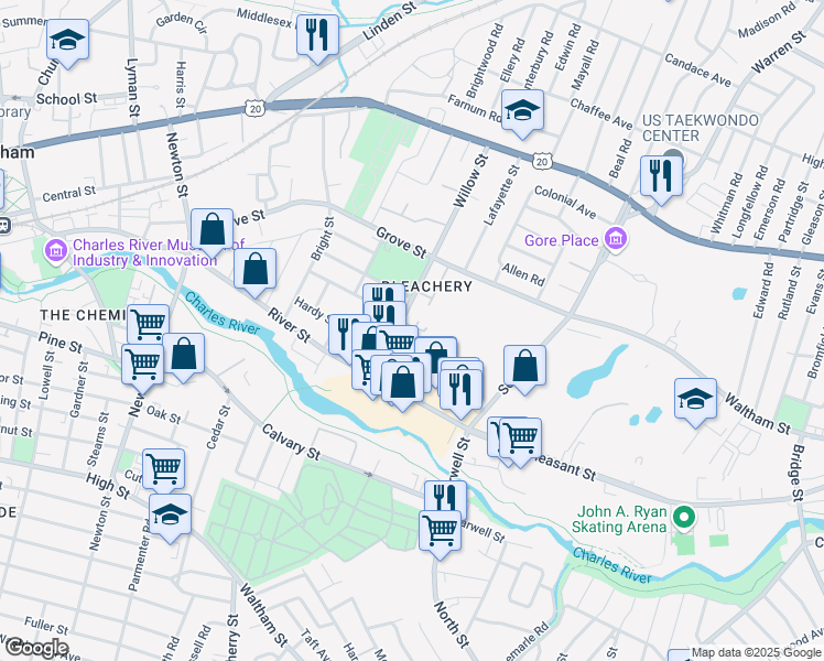 map of restaurants, bars, coffee shops, grocery stores, and more near 151 Willow Street in Waltham