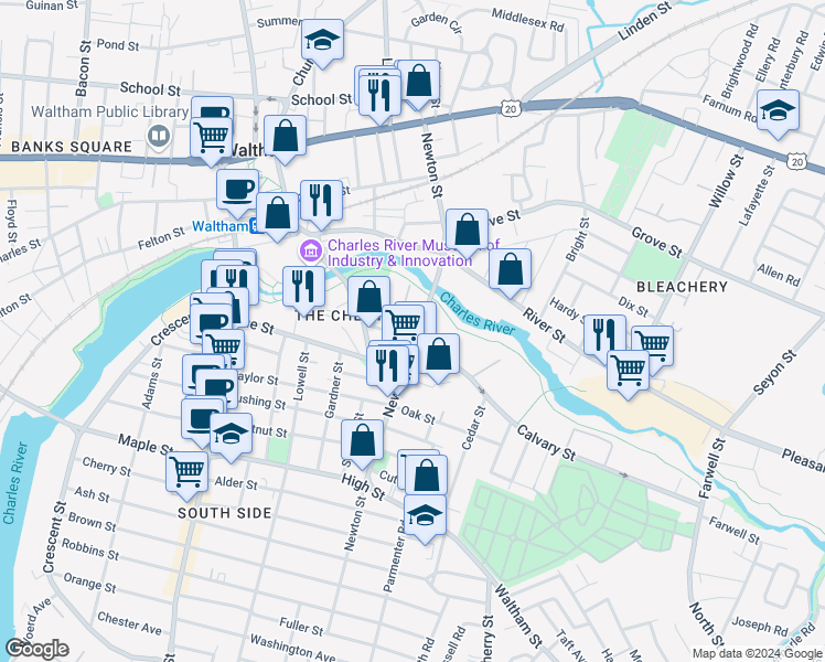 map of restaurants, bars, coffee shops, grocery stores, and more near 148 Newton Street in Waltham