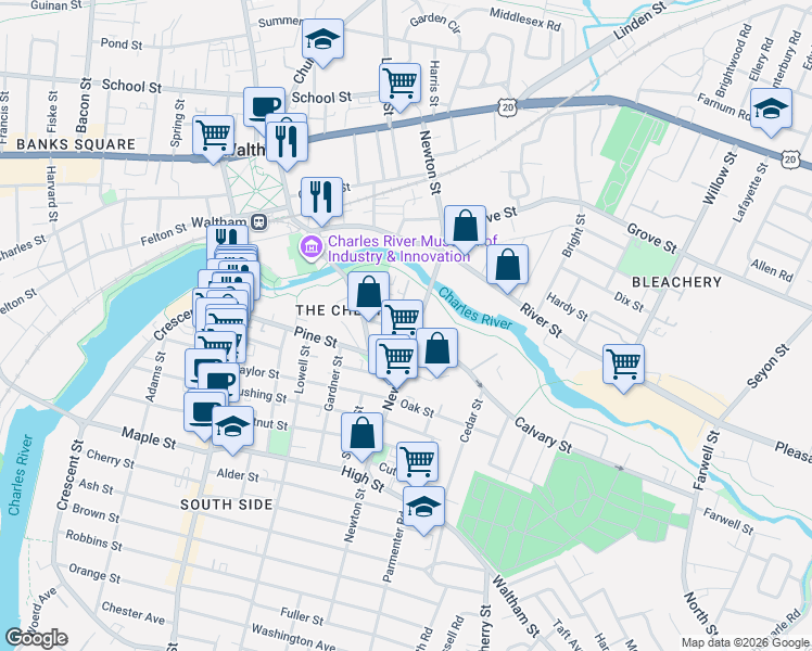 map of restaurants, bars, coffee shops, grocery stores, and more near 29 Mc Kenn Street in Waltham