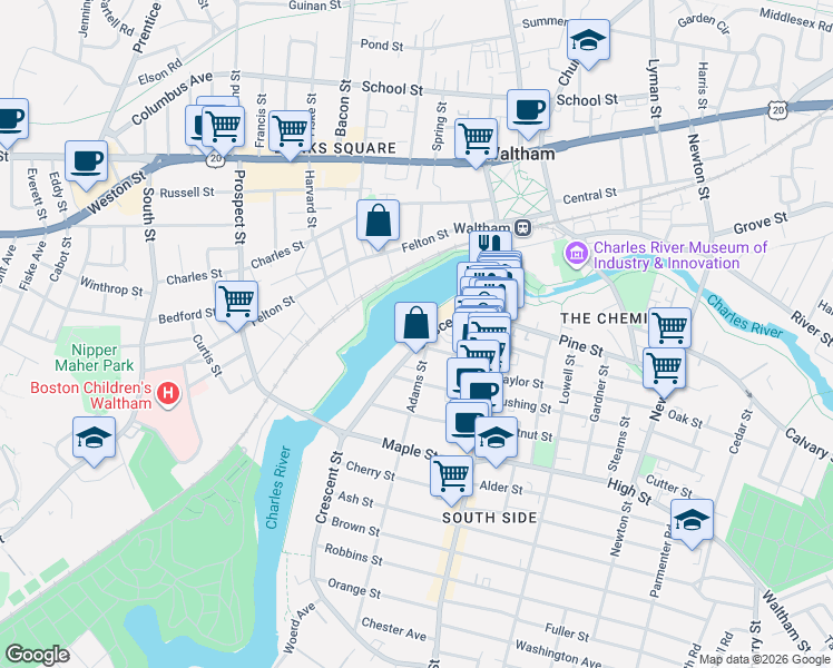 map of restaurants, bars, coffee shops, grocery stores, and more near 55 Crescent Street in Waltham