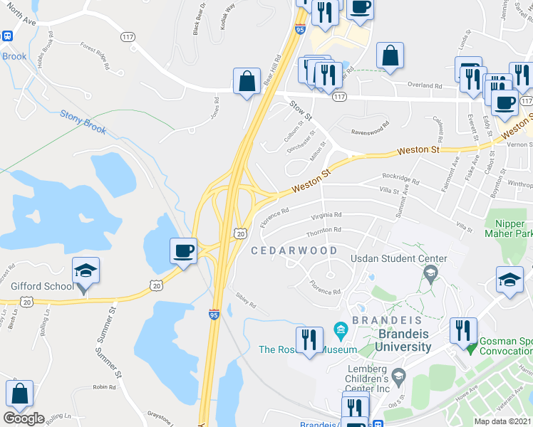 map of restaurants, bars, coffee shops, grocery stores, and more near 8 Livingstone Lane in Waltham