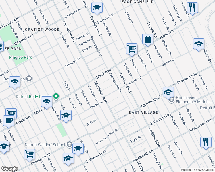 map of restaurants, bars, coffee shops, grocery stores, and more near 9385 Lessing Street in Detroit