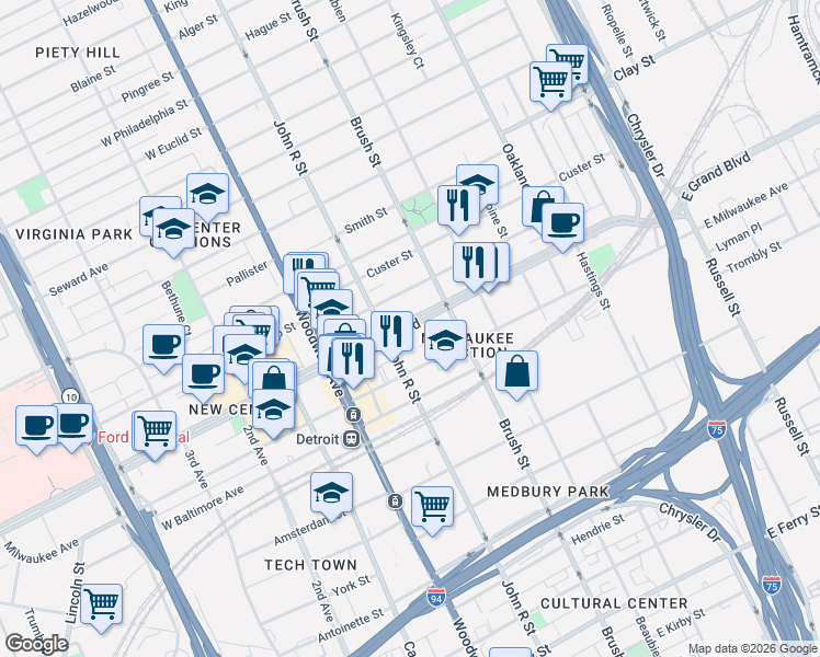 map of restaurants, bars, coffee shops, grocery stores, and more near 3004 East Grand Boulevard in Detroit
