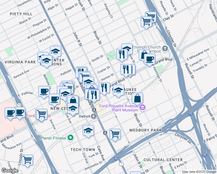 map of restaurants, bars, coffee shops, grocery stores, and more near 3004 East Grand Boulevard in Detroit