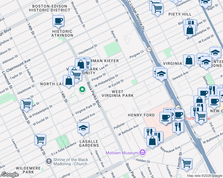 map of restaurants, bars, coffee shops, grocery stores, and more near 1560 West Euclid Street in Detroit