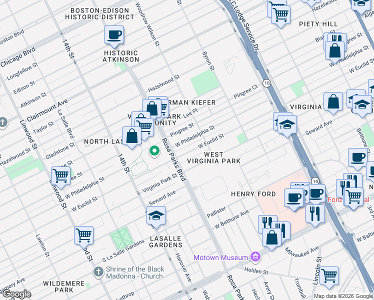 map of restaurants, bars, coffee shops, grocery stores, and more near 1641 West Philadelphia Street in Detroit