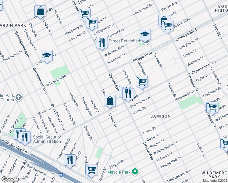map of restaurants, bars, coffee shops, grocery stores, and more near 3726 Edison Street in Detroit