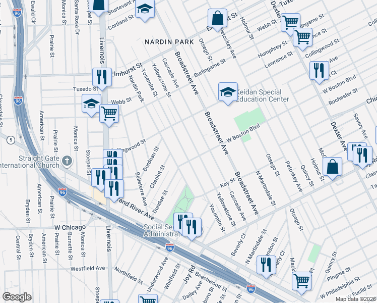 map of restaurants, bars, coffee shops, grocery stores, and more near 9972 Yellowstone Street in Detroit