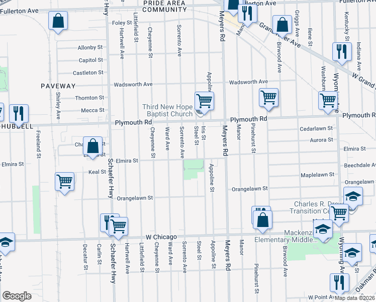 map of restaurants, bars, coffee shops, grocery stores, and more near 11381 Sorrento Avenue in Detroit