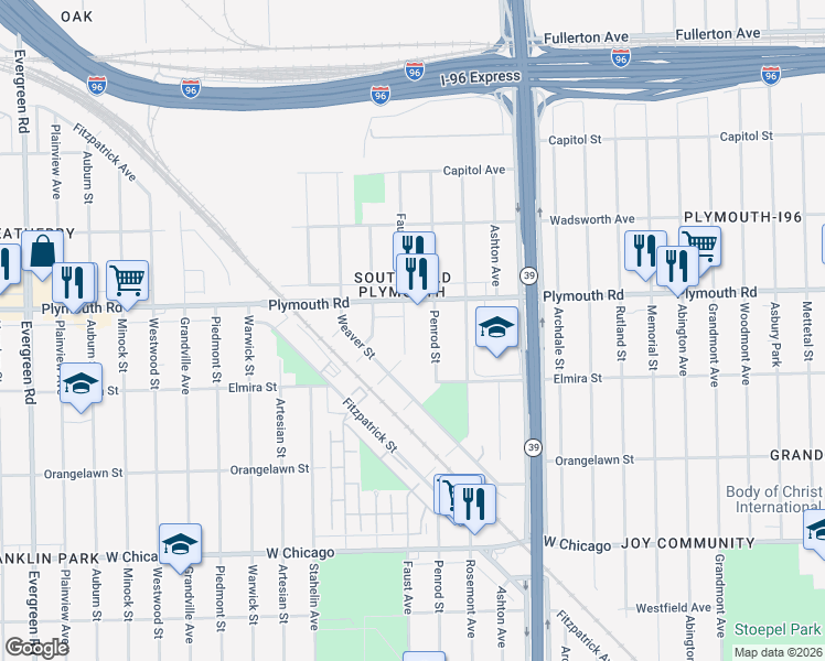 map of restaurants, bars, coffee shops, grocery stores, and more near 18503 Plymouth Road in Detroit