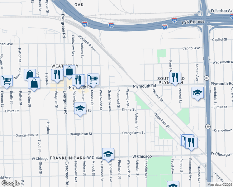 map of restaurants, bars, coffee shops, grocery stores, and more near in Detroit