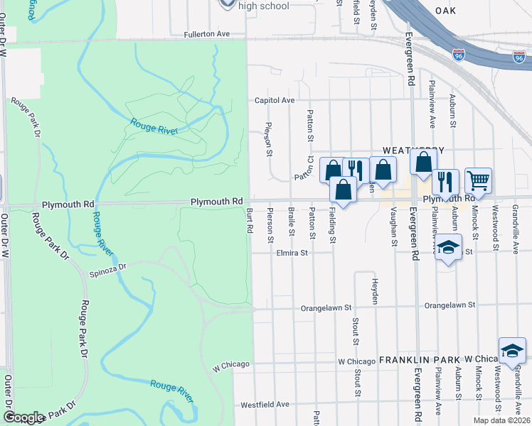 map of restaurants, bars, coffee shops, grocery stores, and more near 20848 Plymouth Road in Detroit